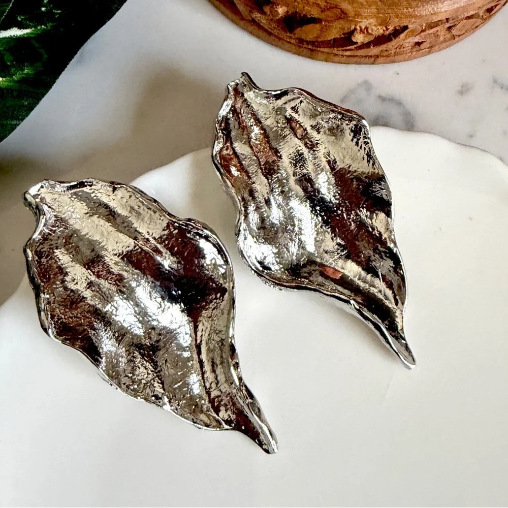 2/$30🌵 Large Silver Leaf Metal Earrings Statement Tree Nature Boho Jewelry NEW